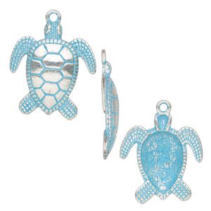 Focal, antique silver-finished pewter (tin-based alloy), blue patina, 37x33mm single-sided turtle. Sold per pkg of 2.