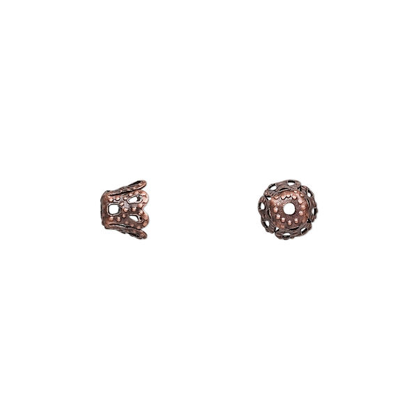 Bead cap, antique copper-finished "pewter" (zinc-based alloy), 6x5mm fancy cone, fits 6-8mm bead. Sold per pkg of 24. image number 0
