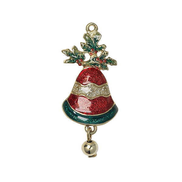 Focal, enamel and gold-finished "pewter" (zinc-based alloy), red / white / green, 31x14mm single-sided Christmas bell with ball. Sold individually. image number 0