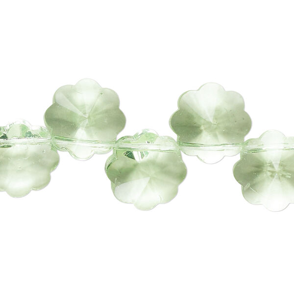 Bead, glass, transparent light green, 12mm top-drilled faceted flower. Sold per 14-inch strand, approximately 40 beads. image number 0