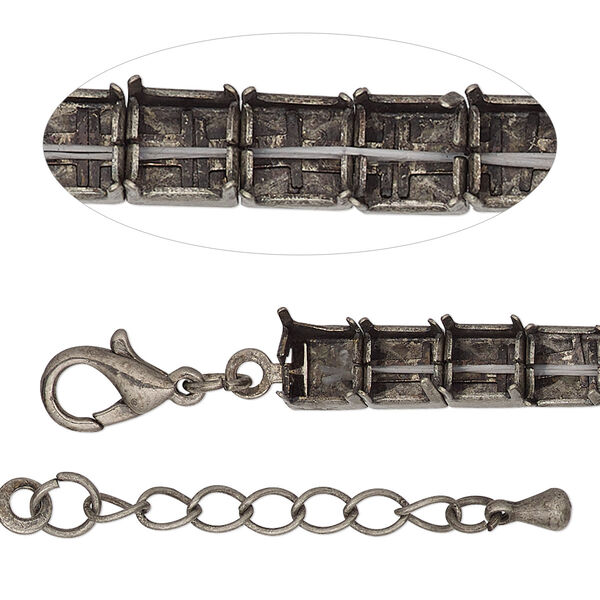 Bracelet component, antique silver-finished brass and steel, 6mm wide cupchain with (25) SS29 rivoli settings, 7 inches with 1-inch extender chain and lobster claw clasp. Sold individually. image number 0