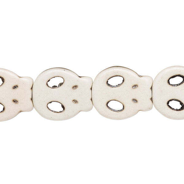 Bead, "howlite" (resin) (imitation), white, 15x13mm flat skull. Sold per 15-inch strand. image number 0