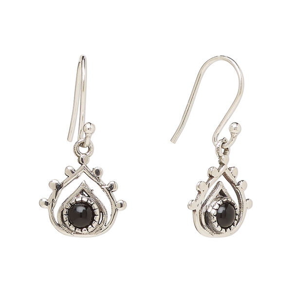Ear wire, Create Compliments®, antiqued sterling silver and black onyx (dyed), fishhook, 26.5mm with 13x12.5mm single-sided open teardrop, 21 gauge. Sold per pair. image number 0