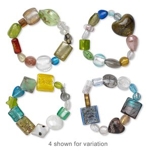 Bracelet mix 1pkg1 stretch handmade lampworked glass, 6-30mm wide 6-8 inches multicolored