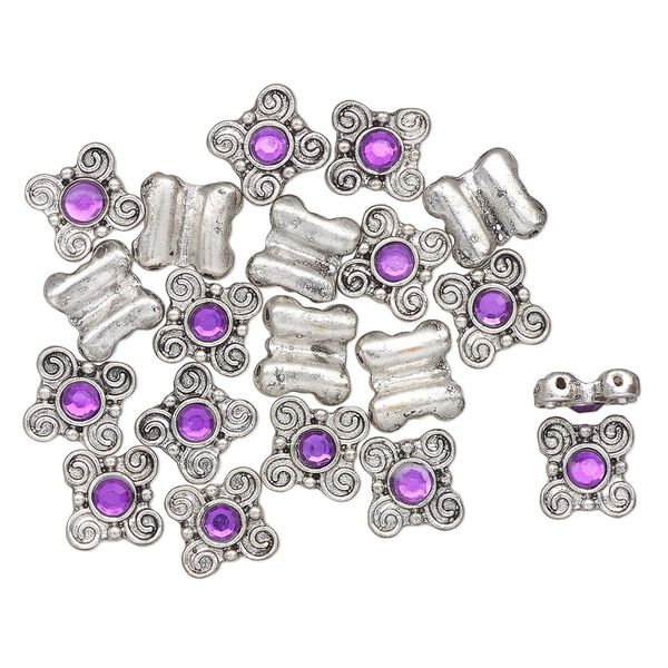 Bead, spacer, antique silver-finished "pewter" (zinc-based alloy) and glass, purple, 10mm 2-strand fancy square, fits up to 6.5mm round beads. Sold per pkg of 20. image number 0