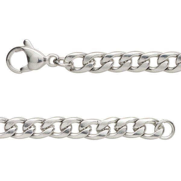Chain, stainless steel, 5.2mm flat curb, 16 inches with lobster claw clasp. Sold individually. image number 0