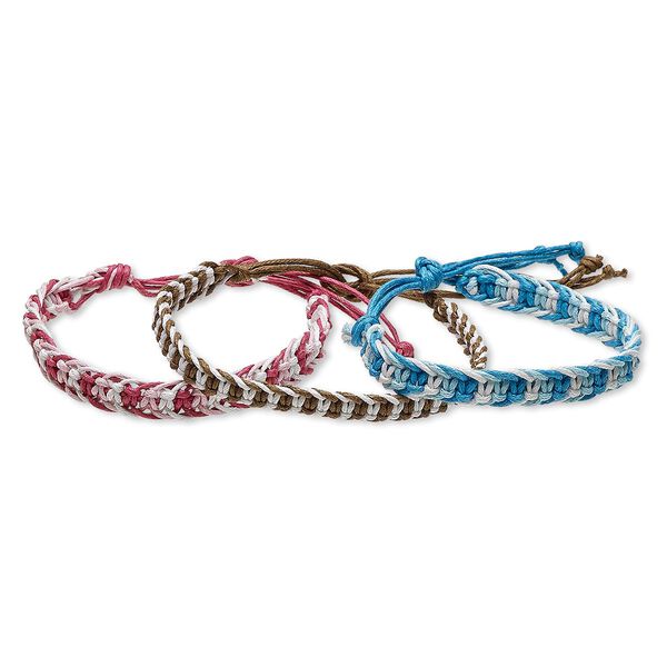 Bracelet, waxed cotton cord, assorted colors, 8mm wide with macramé design, adjustable from 6-1/2 to 9 inches with tie closure. Sold per pkg of 3. image number 0