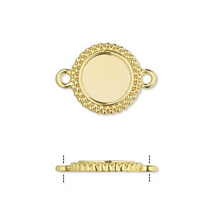 Link, gold-finished brass, 15mm single-sided beaded round with 10mm round setting. Sold per pkg of 10.