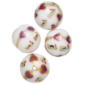 Bead, lampworked glass, opaque white / purple / metallic gold, 15-13mm round with painted heart and bird designs. Sold per pkg of 4.