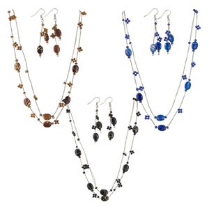 Necklace and earring set, acrylic / glass seed bead / nylon / imitation rhodium-plated steel, black / brown / cobalt, 11x9mm flat oval, 18 inches with lobster claw clasp and 1-1/2 inch extender chain, 2-1/2 inch earrings with fishhook earwires. Sold per pkg of 3 sets.