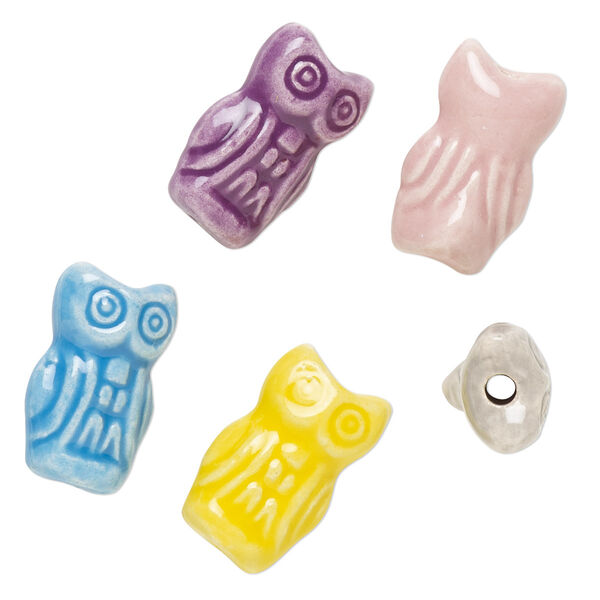 Bead, painted and glazed ceramic, assorted colors, 17x10mm 3D owl. Sold per pkg of 5. image number 0