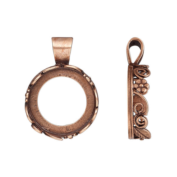 Pendant, JBB Findings, antique copper-plated brass, 25x18mm round with open back and flower and leaf design trim, 16mm round bezel setting. Sold per pkg of 2. image number 0