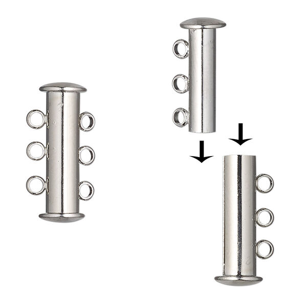 Clasp, 3-strand magnetic slide lock, silver-finished brass, 20x5mm round tube. Sold individually. image number 0
