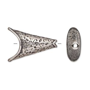 Cone, antique silver-plated pewter (tin-based alloy), 24x17x7mm textured flat, 10x4.5mm inside diameter. Sold individually.
