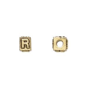 Bead, antique gold-plated pewter (tin-based alloy), 8x6mm rectangle with alphabet letter "R." Sold per pkg of 4.