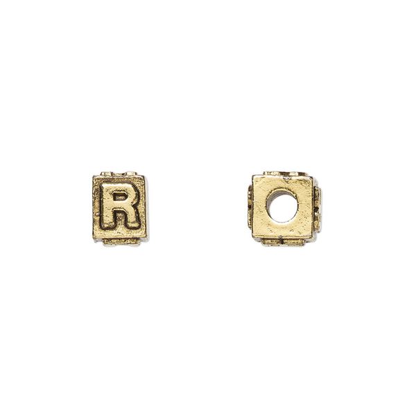 Bead, antique gold-plated pewter (tin-based alloy), 8x6mm rectangle with alphabet letter "R." Sold per pkg of 4. image number 0