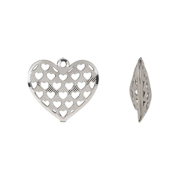 Charm, stainless steel, 17.5x16mm double-sided domed heart with textured cut-out hearts design. Sold per pkg of 6. image number 0