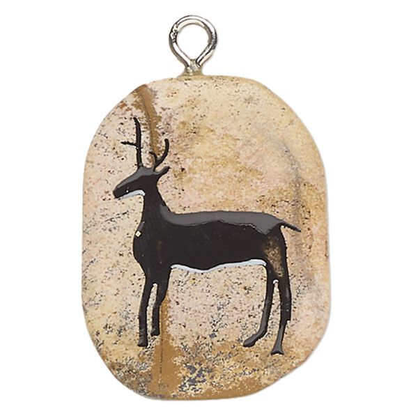 Focal, picture jasper (natural) / enamel / silver-finished steel, black, 30x24mm-36x29mm puffed freeform with deer, C grade, Mohs hardness 6-1/2 to 7. Sold individually. image number 0