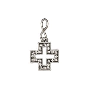 Drop, glass rhinestone / imitation rhodium-plated brass / antiqued "pewter" (zinc-based alloy), clear, 14mm single-sided open cross. Sold individually.