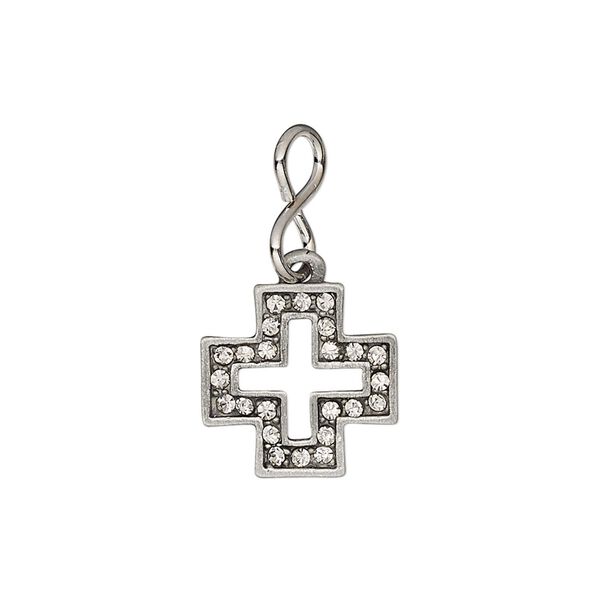 Drop, glass rhinestone / imitation rhodium-plated brass / antiqued "pewter" (zinc-based alloy), clear, 14mm single-sided open cross. Sold individually. image number 0