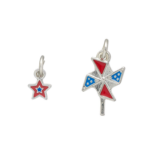 Charm assortment, imitation rhodium-finished "pewter" (zinc-based alloy) and enamel, red and blue, 16x12mm pinwheel and 7mm star. Sold per 2-piece set. image number 0