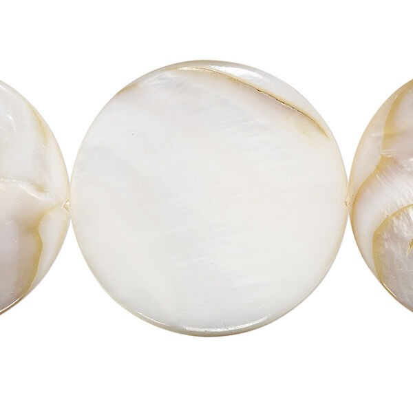 Bead, mother-of-pearl shell (natural / bleached), white, 29-30mm flat round, Mohs hardness 3-1/2. Sold per 15" to 16" strand. image number 0