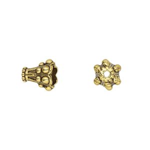 Cone, antique gold-finished "pewter" (zinc-based alloy), 10x9mm beaded, 5.5mm inside diameter. Sold per pkg of 15.