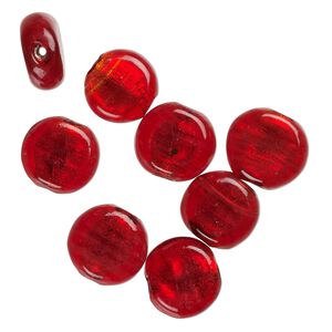 Bead, lampworked glass, opaque red, 15x8mm-13x6mm flat round with silver-colored foil. Sold per pkg of 8.