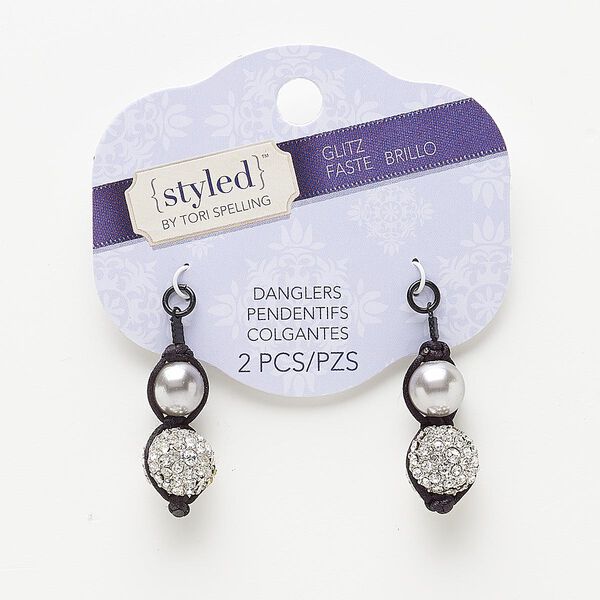 Focal, glass pearl / glass rhinestone / waxed cotton cord / black-finished steel / "pewter" (zinc-based alloy), black / silver / clear, 30x13mm with round. Sold per pkg of 2. image number 0