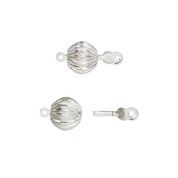 Clasp, tab, silver-finished brass, 8mm corrugated ball. Sold per pkg of 100. image number 0