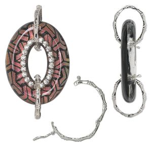 Focal, dichroic glass / Czech rhinestone / imitation rhodium-plated brass, black / pink / yellow / clear, 40x30mm single-sided oval donut with "Y" design and twister clasps. Sold individually.