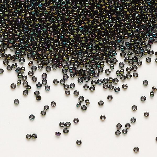 Seed bead, Miyuki, glass, pkg/35g, #15 rocaille, opaque metallic iris forest green (RR-453). image number 0