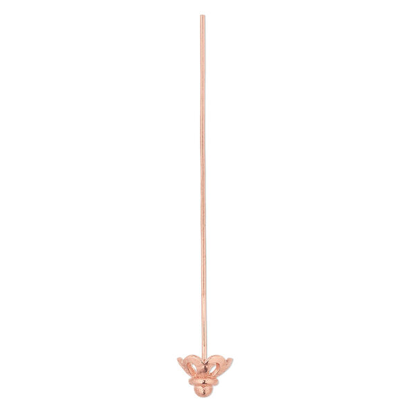Head pin, copper, 2 inches with 8x6mm flower bead cap, 22 gauge. Sold per pkg of 10. image number 0