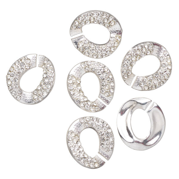 Clasp, interlocking, silver-finished "pewter" (zinc-based alloy) and glass, clear, 25x24mm-26x25mm twisted C-shape. Sold per pkg of 3. image number 0