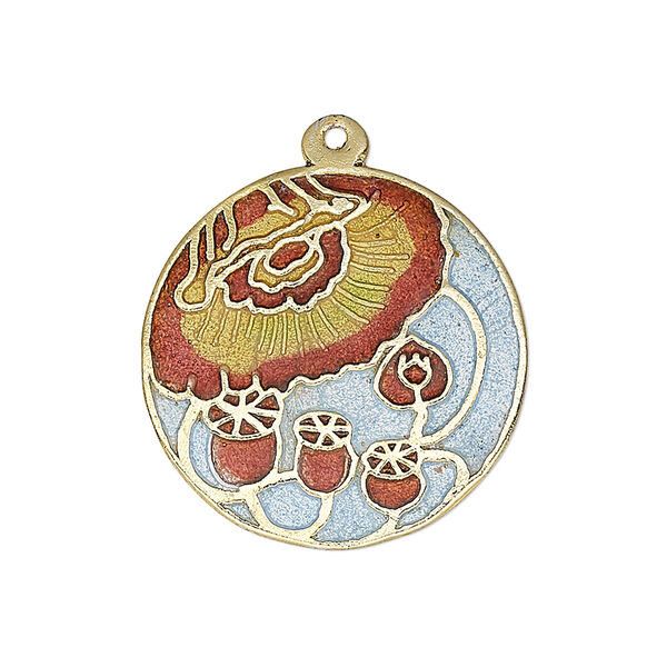 Drop, enamel and gold-finished brass, multicolored, 25-26mm single-sided flat round with poppy flower design. Sold per pkg of 2. image number 0