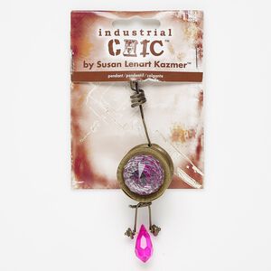 Focal, glass / coated acrylic / brass- / antique brass-finished steel / "pewter" (zinc-based alloy), pink and clear, 4x1 inches. Sold individually.