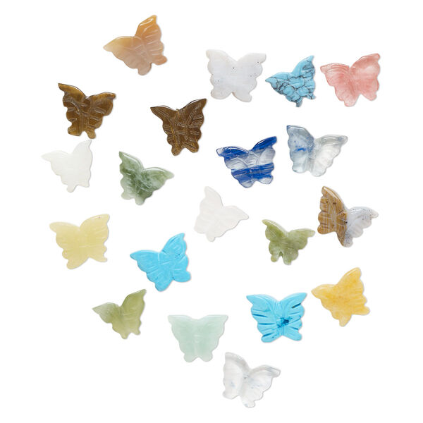 Multi-gemstone / glass 1pkg20, carved butterfly bead mix 13x9mm-19x13mm image number 0