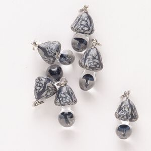 Drop, silver-finished steel / brass / glass / polymer clay, black / grey / clear, 21x13mm-25x16mm mushroom. Sold per pkg of 6.