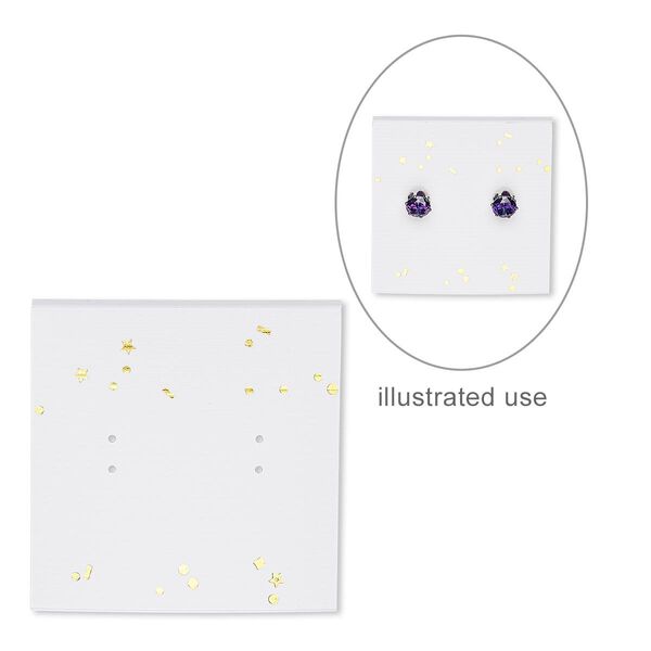 Earring card, paper, white with gold-colored confetti, 2x2-inch square. Sold per pkg of 100. image number 0