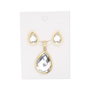 Pendant and earring, glass and stainless steel, clear, 29x21mm teardrop pendant, 17mm earrings with teardrop and post. Sold per set.