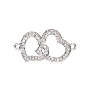 Link, cubic zirconia and silver-finished brass, clear, 20.5x13mm single-sided open double heart. Sold individually.
