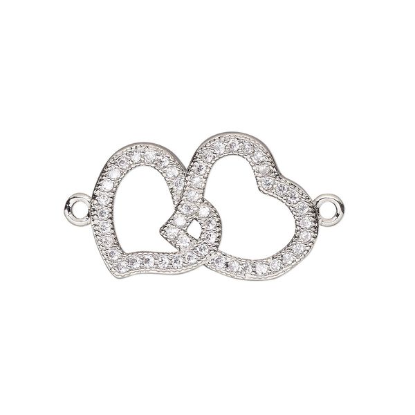 Link, cubic zirconia and silver-finished brass, clear, 20.5x13mm single-sided open double heart. Sold individually. image number 0
