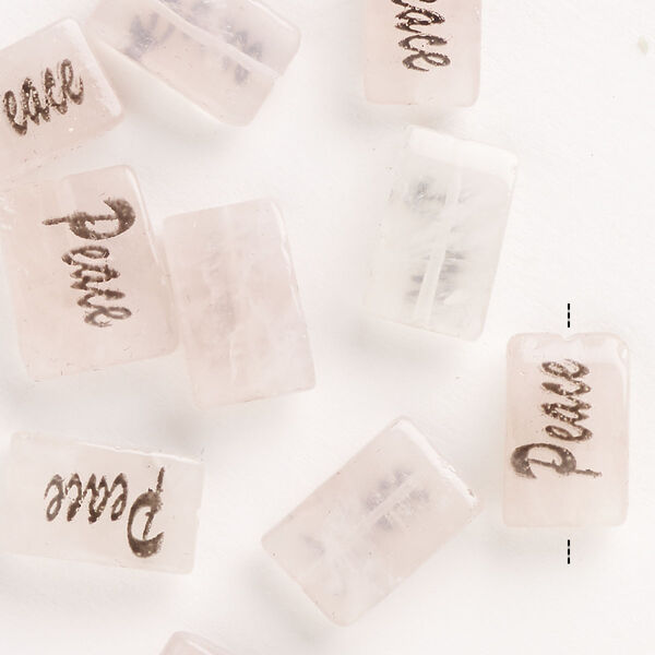 Rose quartz / enamel 1pkg10, "Peace" flat rectangle bead B grade, 13x8mm image number 0