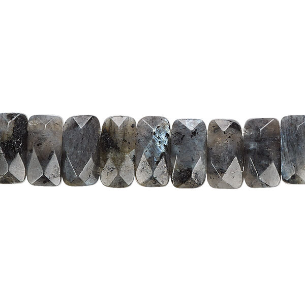 Bead, blue labradorite (natural), 9x5mm-10x6mm double-drilled faceted rectangle with 0.5-1.5mm holes, B grade, Mohs hardness 6 to 6-1/2. Sold per 8-inch strand, approximately 35 beads. image number 0