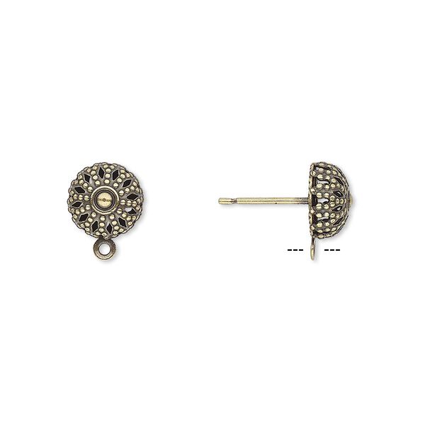 Earstud, antique gold-plated brass and stainless steel, 8mm filigree dome with closed loop. Sold per pkg of 5 pairs. image number 0