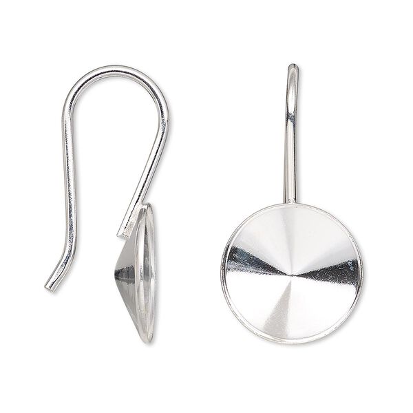 Ear wire, Almost Instant Jewelry®, sterling silver, 30mm fishhook with 14mm rivoli setting, 18 gauge. Sold per pair. image number 0