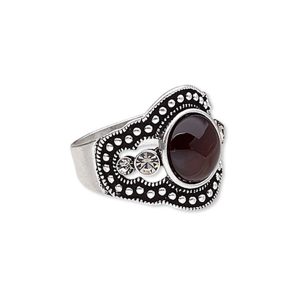 Ring, glass rhinestone / resin / antique silver-plated "pewter" (zinc-based alloy), brown and clear, 19mm wide with round, size 8. Sold individually. image number 0