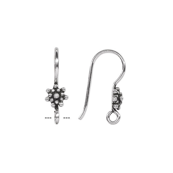 Ear wire, antiqued sterling silver, 19-22mm fishhook with beaded rondelle and open loop, 18-20 gauge. Sold per pkg of 2 pairs. image number 0