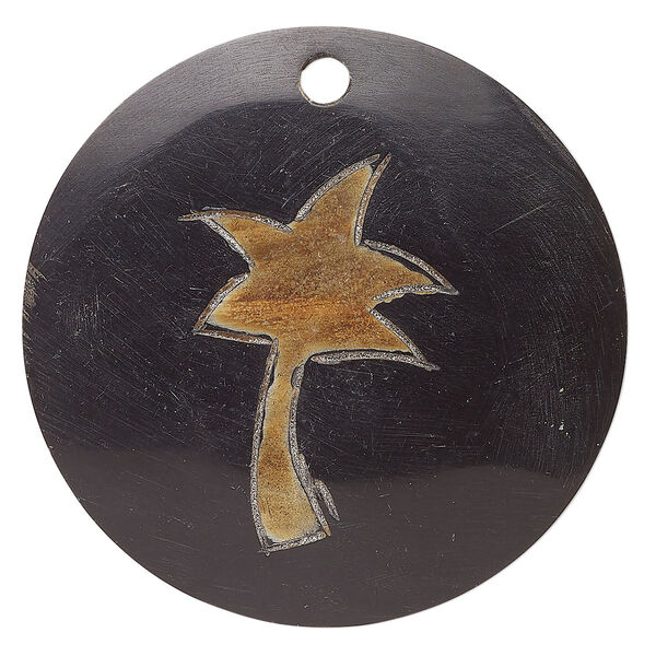 Focal, horn (dyed), black and brown with palm design, 49mm round. Sold individually. image number 0