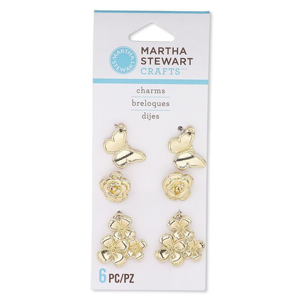 Charm, gold-finished "pewter" (zinc-based alloy), 10x10mm rose enamel blank with hidden loop / 16x11mm butterfly enamel blank / 19x17mm flower enamel blank. Sold per pkg of 6. image number 0